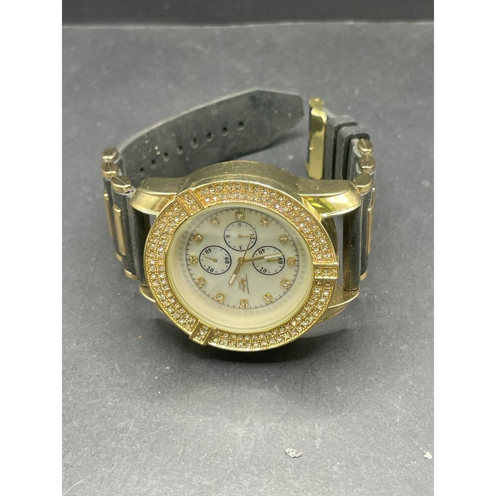 Techno Pavé Gold-Tone Chronograph Luxury Wristwatch Diamond Accent Black Band